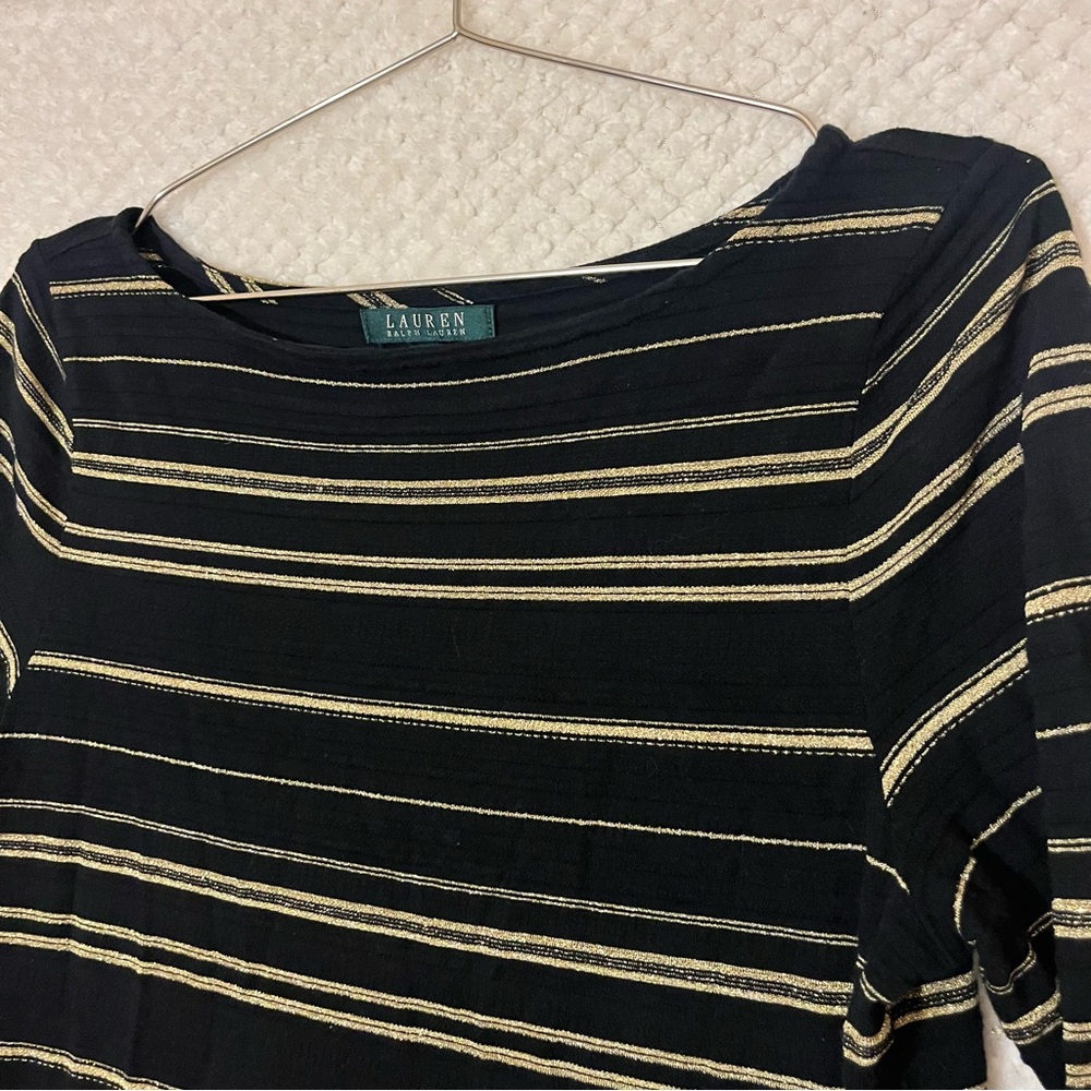 Lauren Ralph Lauren Navy Black & Gold Striped Boatneck Cotton Blend Womens MED - Picture 3 of 4
